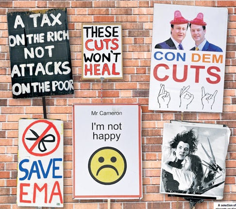 A selection of the placards on display at Goldsmiths College, London