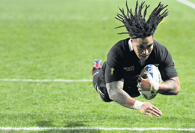 The All Black centre Ma'a Nonu scores a try, against Japan, for his attack-minded team