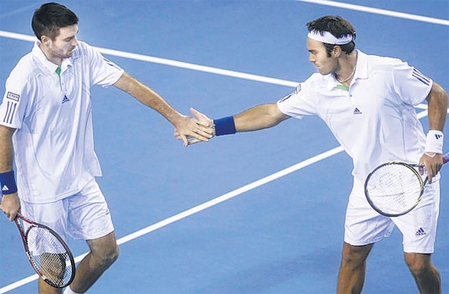 Put it there partner: Colin Fleming (left) and Ross Hutchins head for victory