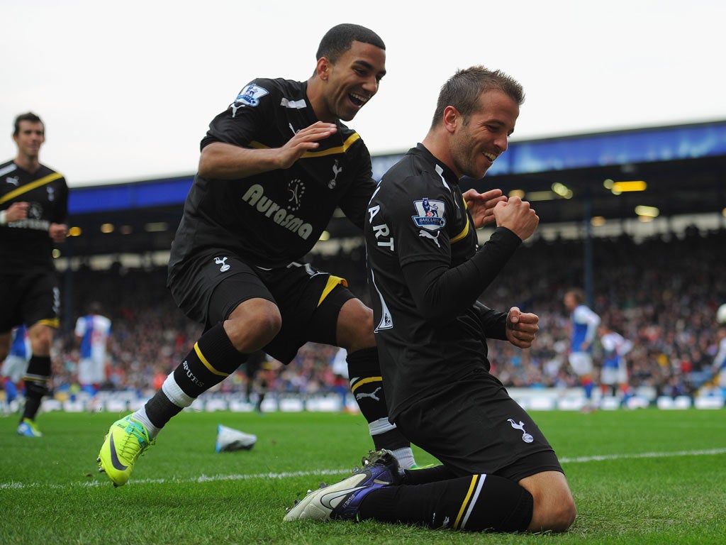 Tottenham's Rafael van der Vaart celebrates scoring the winning goal - his second of the match - against Blackburn