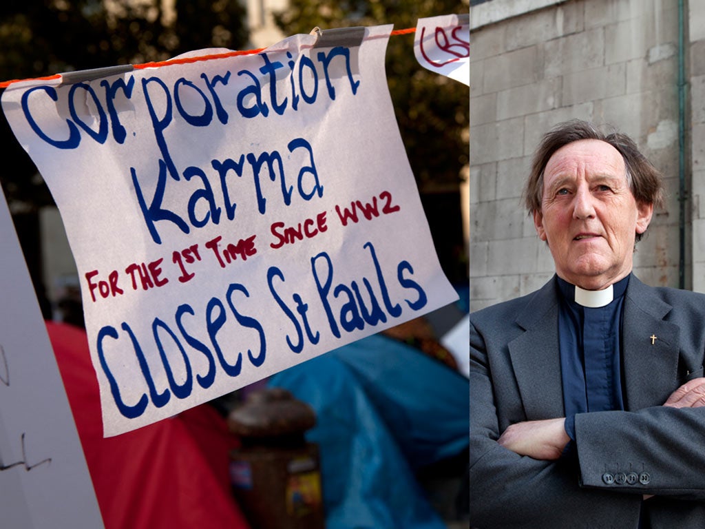 A banner at the St Paul's camp; Rev Dennis Nadin, right, has criticised the cathedral's closure