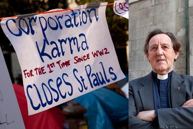 A banner at the St Paul's camp; Rev Dennis Nadin, right, has criticised the cathedral's closure