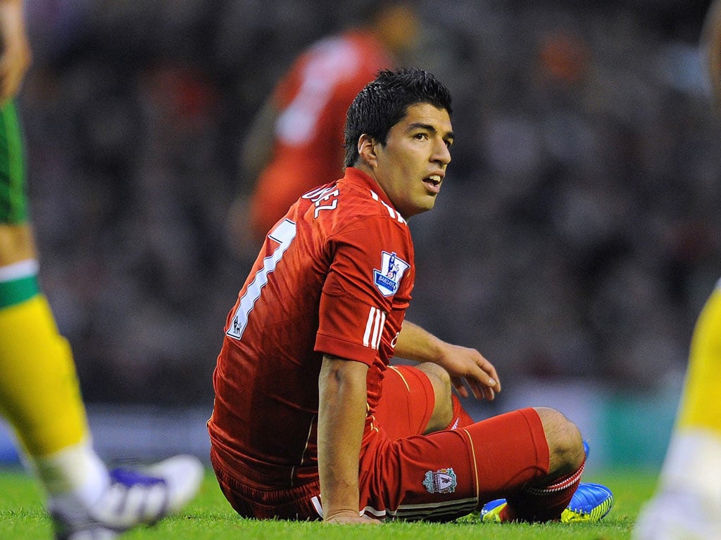 Luis Suarez finds himself in an all-too-familiar position - on the ground