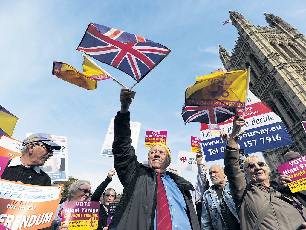 Ukip supporters demand an EU referendum outside the Commons yesterday
