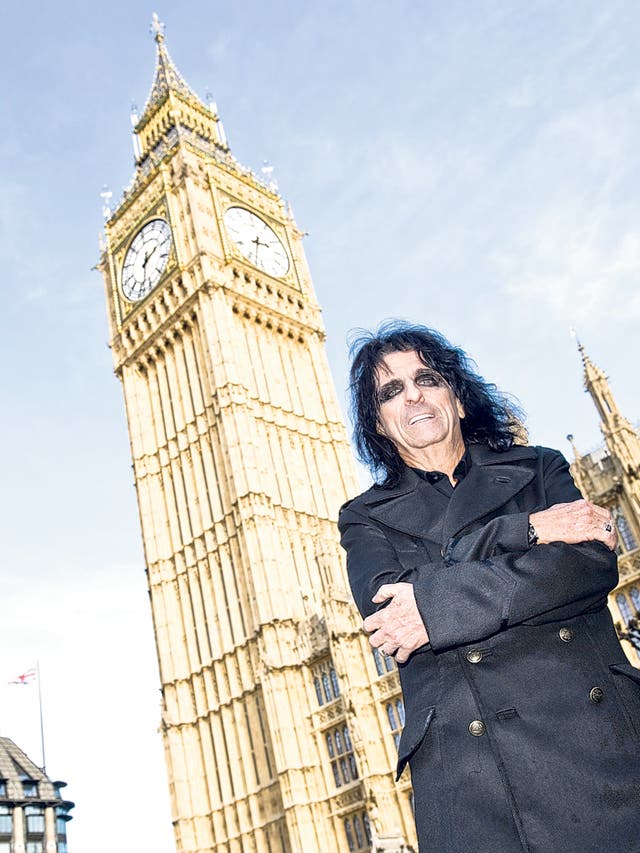 Alice Cooper was at the Houses of Parliament in London yesterday to sign up as a patron of the Rock the House music competition run by the Tory MP Mike Weatherley. Rock the House is an annual contest which promotes live music and awareness of intellectual