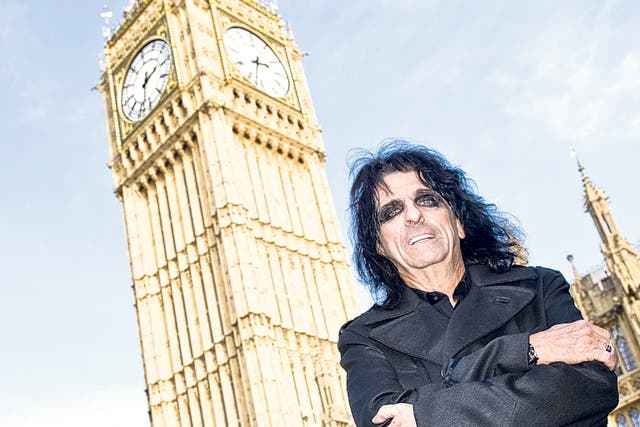 Alice Cooper was at the Houses of Parliament in London yesterday to sign up as a patron of the Rock the House music competition run by the Tory MP Mike Weatherley. Rock the House is an annual contest which promotes live music and awareness of intellectual