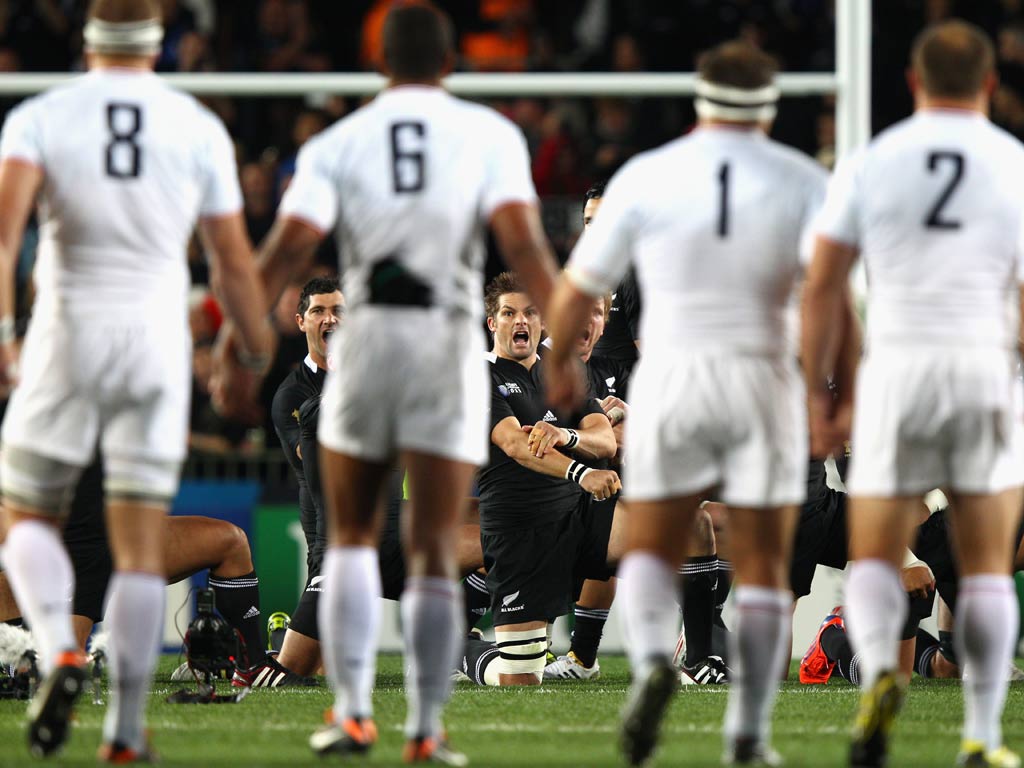The French players advanced towards the All Blacks during the haka