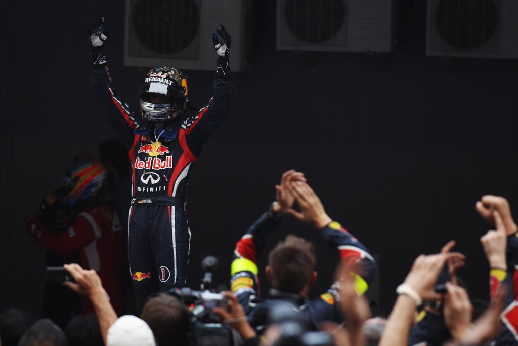 Vettel celebrates winning the Indian Grand Prix