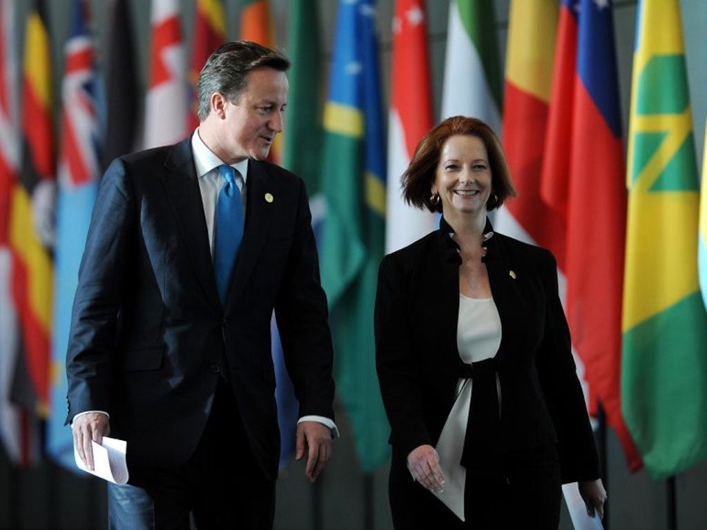 David Cameron and the Australian premier, Julia Gillard, in Perth after the meeting of Commonwealth heads