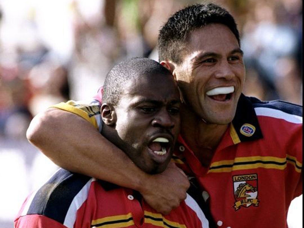 Martin Offiah (left) and John Timu playing for the London Broncos back in 1999