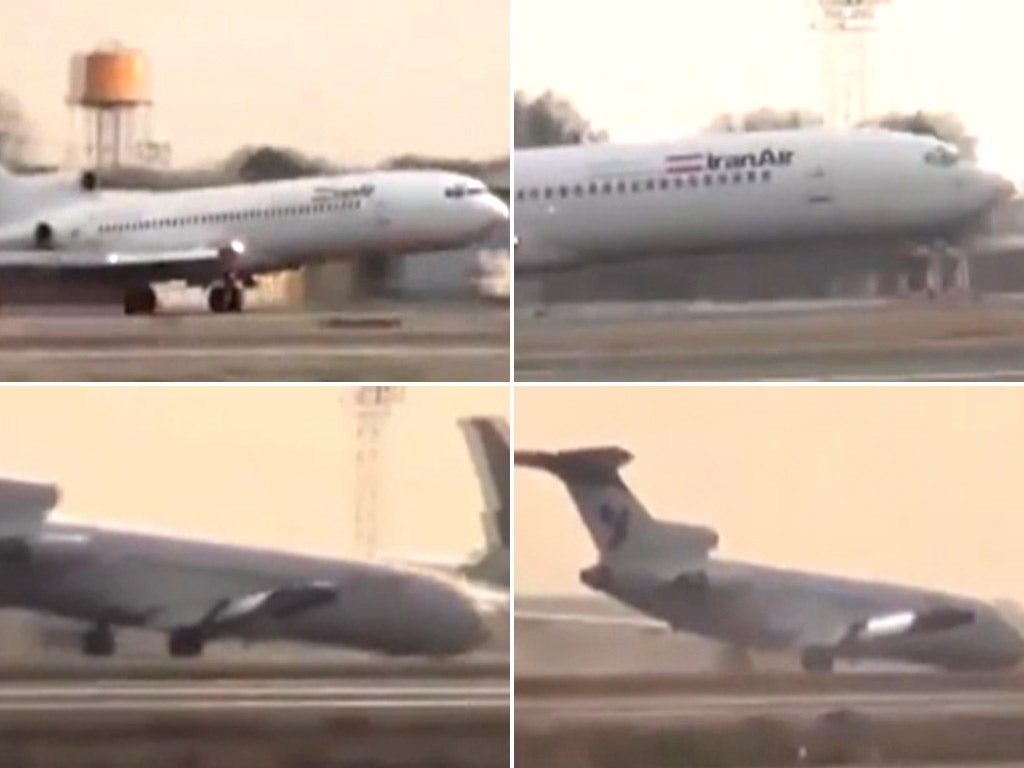 Video footage shows the plane landing on its rear wheels and gliding across the runway, before its nose hits the ground