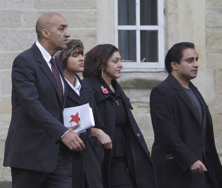 Chamela Bhatia, second left, arrives at court with her father Shekhar, left, mother Meera Syal and Syal’s husband, actor Sanjeev Bhaskar