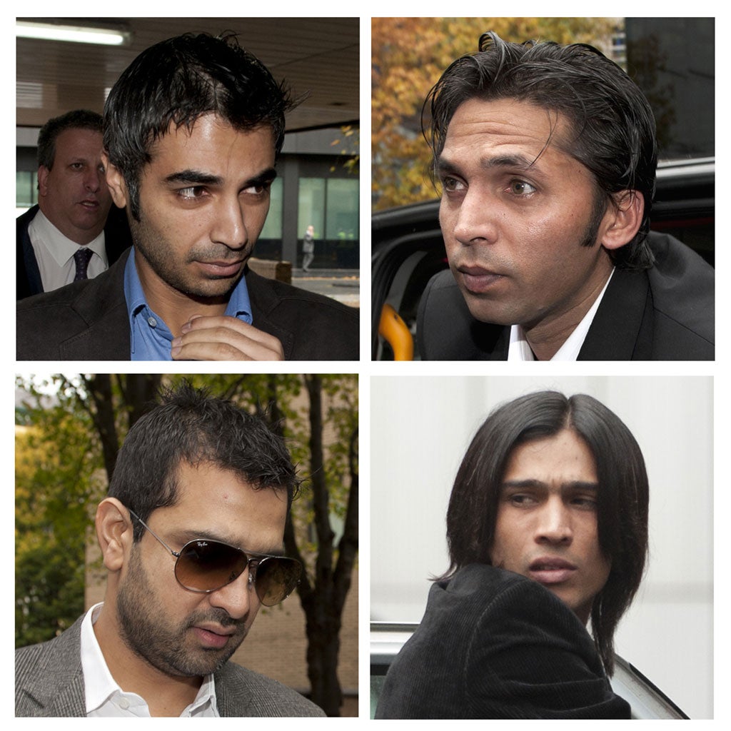 Former Pakistan cricket captain Salman Butt (top left), cricketers Mohammad Asif (top right), Mohammad Amir (bottom right) and agent Mazhar Majeed