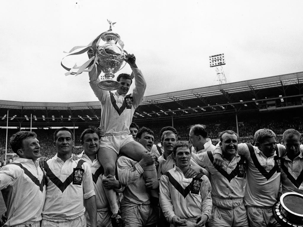 Killeen, second from left, celebrates St Helens' Challenge Cup final win against Wigan in 1966