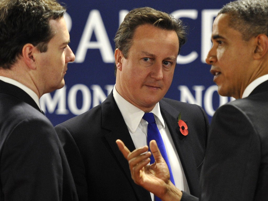 Chancellor George Osbourne, Prime Minister David Cameron and US president Barack Obama at the G20 summit today