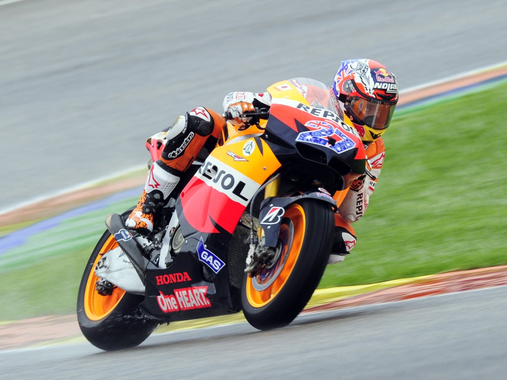 Casey Stoner topped the practice times in Valencia