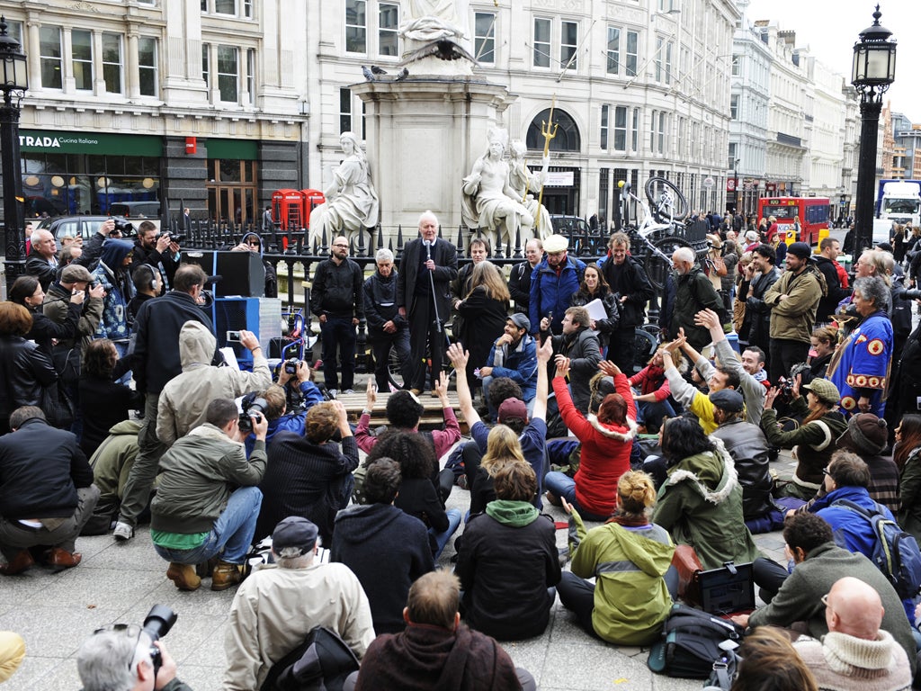 Tony Benn addresses the St Paul's protesters, telling them to 'keep hope and carry on'