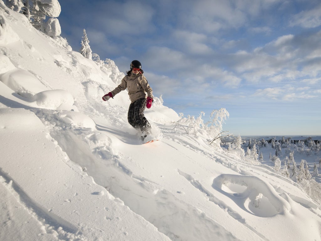 A snowboarder enjoys the powder in Iso-Syote, Finland, which is making a comeback as a destination for snow-sports fans from the UK
