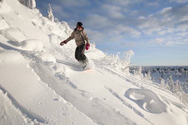 A snowboarder enjoys the powder in Iso-Syote, Finland, which is making a comeback as a destination for snow-sports fans from the UK