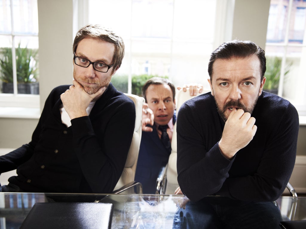 Stephen Merchant and Ricky Gervais do their best to ignore their sitcom's star, Warwick Davis