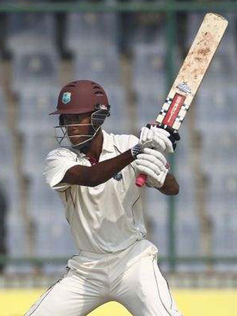 West Indies Kraigg Brathwaite plays a shot during the first day of their first test cricket match against India in New Delhi