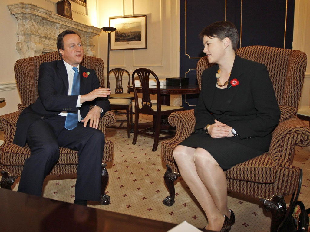 Prime Minister David Cameron meets Ruth Davidson, the
leader of the Scottish Tories, at Downing Street