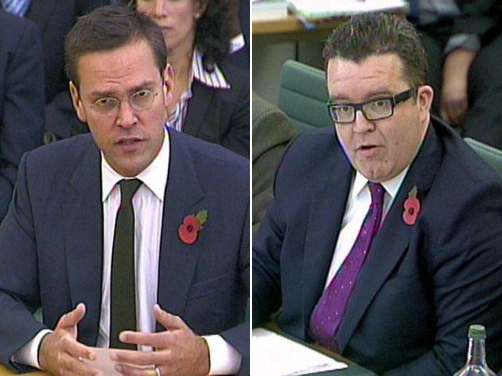 James Murdoch (left) and Tom Watson, who told the NI head: "You must be the only mafia boss in history who didn't know he was running a criminal enterprise"
