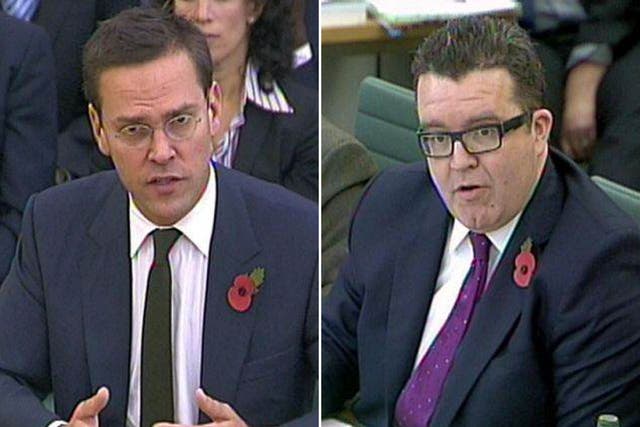 James Murdoch (left) and Tom Watson, who told the NI head: "You must be the only mafia boss in history who didn't know he was running a criminal enterprise"