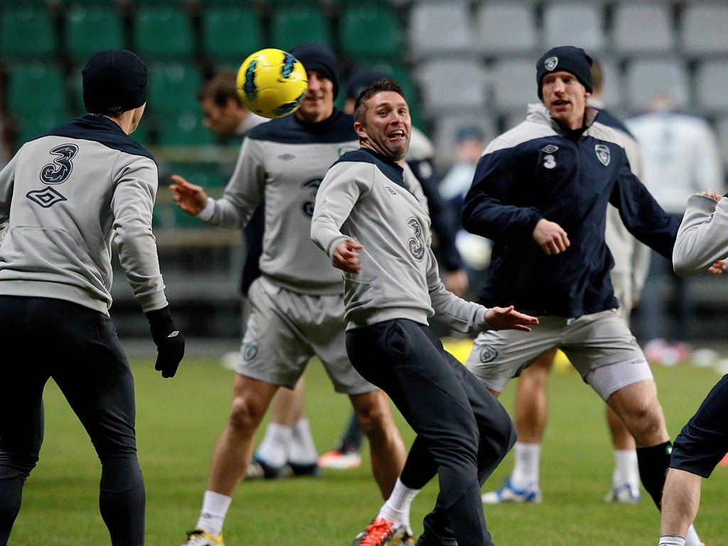Robbie Keane enjoys a Republic of Ireland training routine in Tallinn
