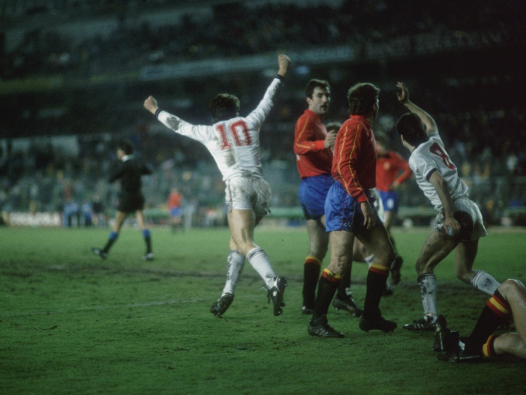 No10 Gary Lineker celebrates scoring his first goal against Spain in a 1987 friendly at the Bernabeu. Steve Hodge (No 8) joins in. Lineker scored three more as England won 4-2