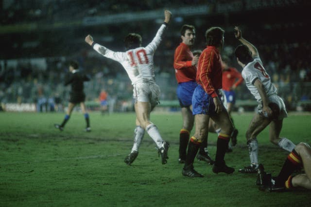No10 Gary Lineker celebrates scoring his first goal against Spain in a 1987 friendly at the Bernabeu. Steve Hodge (No 8) joins in. Lineker scored three more as England won 4-2