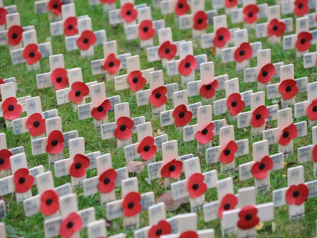 Poppies and crosses in the Field of Remembrance next to the War Memorial at All Saints Church, Northampton
