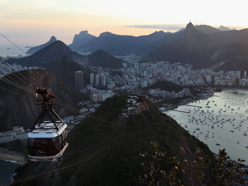 A cable car from Sugar Loaf Mountain to Rio de Janiero in Brazil