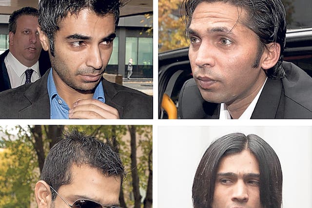 Salman Butt (top left), Mohammad Asif (top right), Mohammad Amir (above right) and Mazhar Majeed