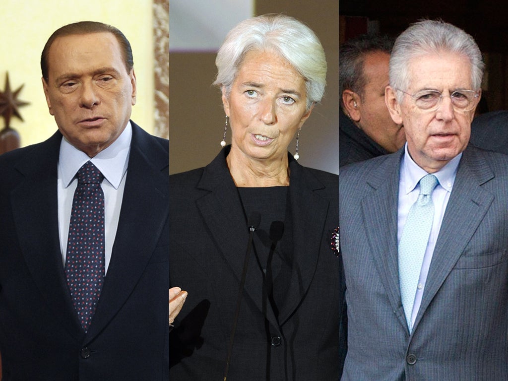 Silvio Berlusconi, Christine Lagarde and Mario Monti