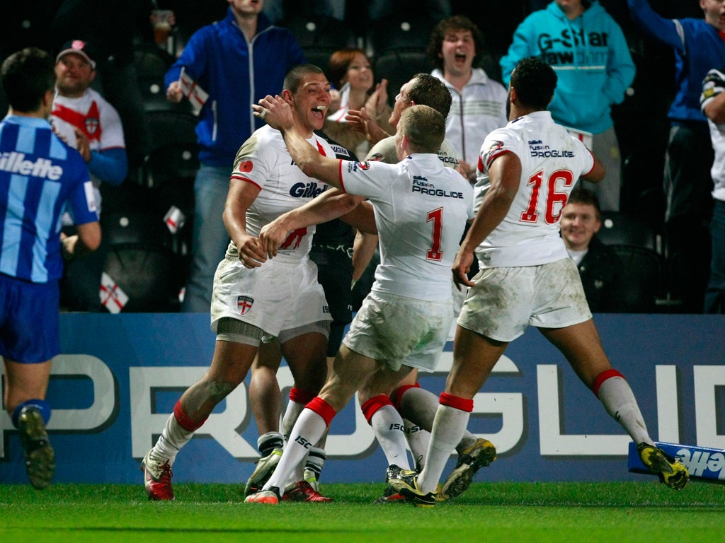 Wing Ryan Hall celebrates his second-half try for England