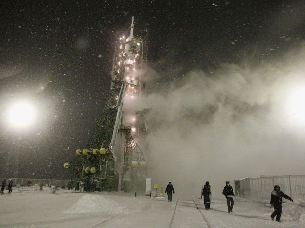 The Soyuz TMA-22 spacecraft rests on its launch pad at Baikonur cosmodrome November