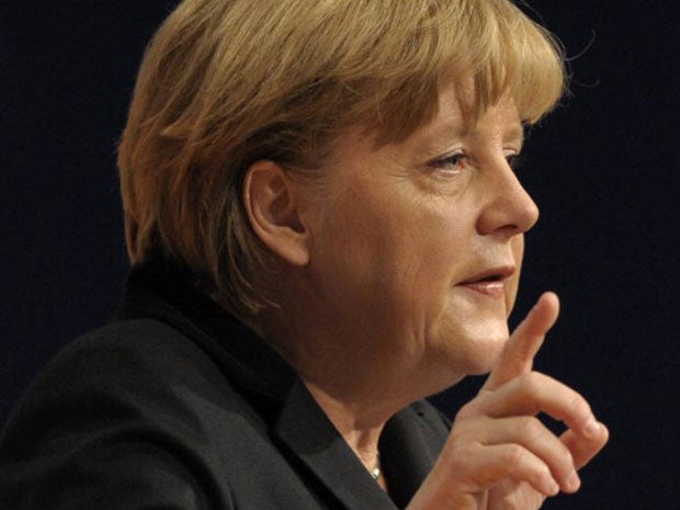 German Chancellor Angela Merkel delivers her speech today