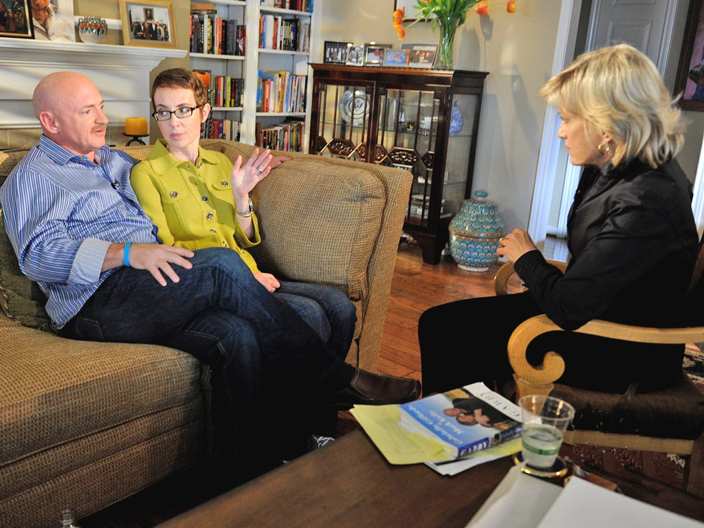 Gabrielle Giffords and her husband Mark Kelly are interviewed by Diane Sawyer for ABC TV