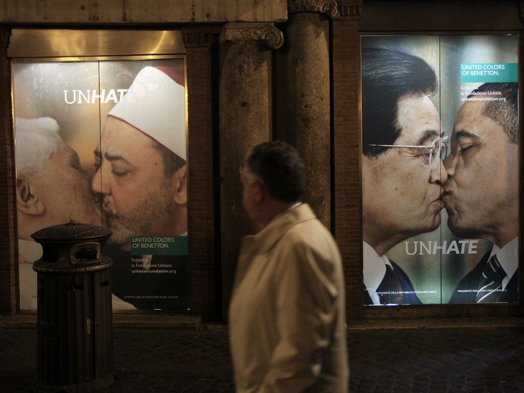 Benetton withdrew a Photoshopped image of the Pope snogging Ahmed Mohamed elTayeb, the imam of Cairo's al-Azhar mosque after the Vatican protested at the Italian clothing firm's latest shock campaign.