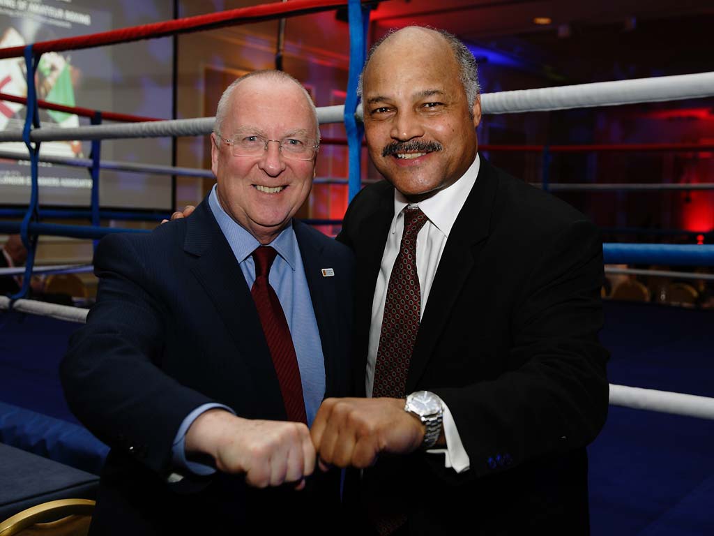 Neil Warnock, Nordoff Robbins Boxing Committee Chairman, pictured with World Champion John Conteh