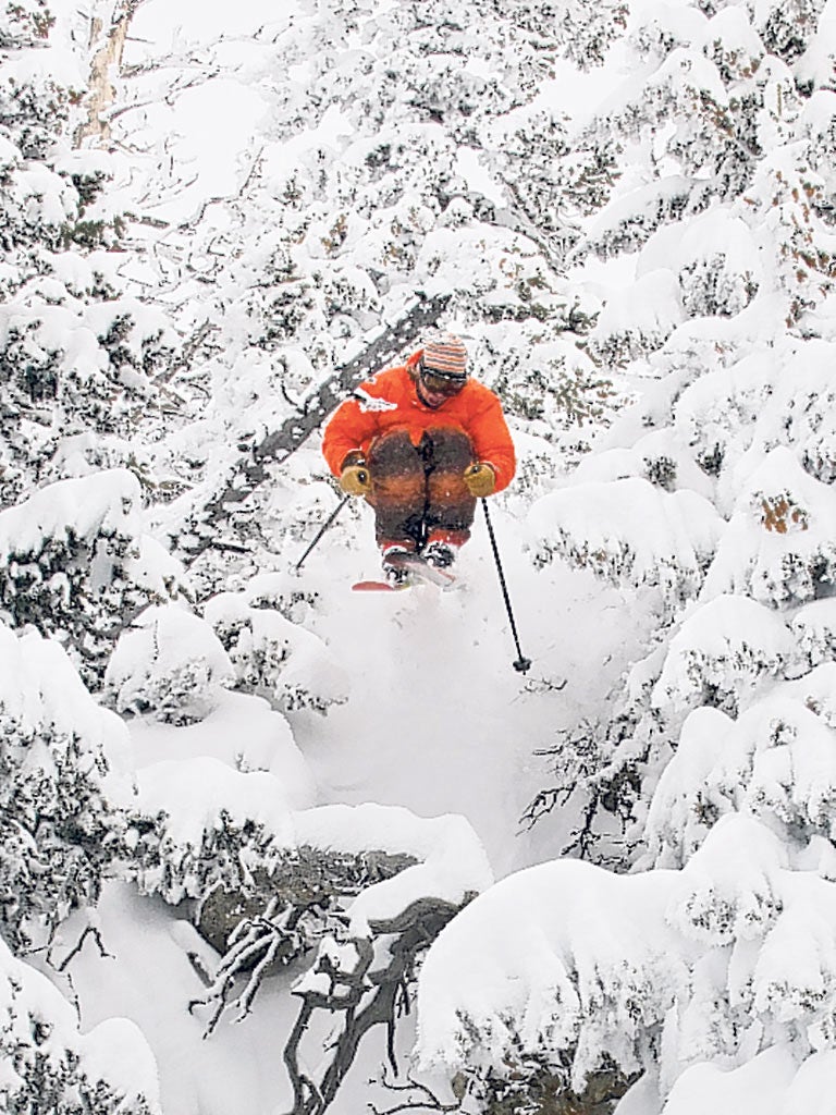 Pierre makes an extreme jump above the Snowbird Ski Resort in Utah