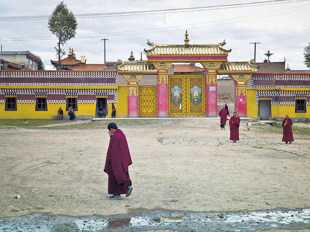 Buddhist monks outside the Kirti monastery in the town of Aba in China's Sichuan province