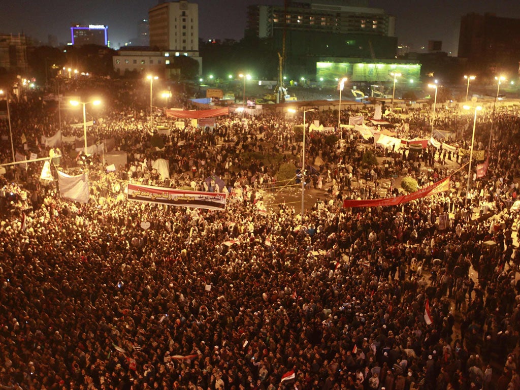 Egyptians attend an anti-military council protest at Tahrir Square in Cairo