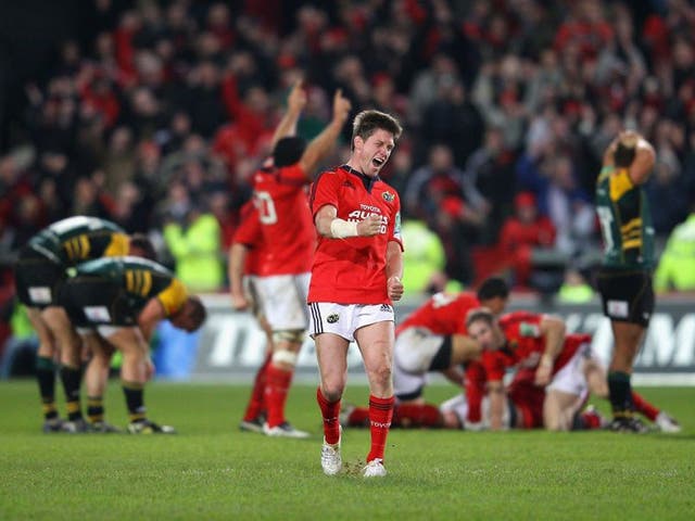 Munster's Ronan O'Gara after his drop goal against Northampton