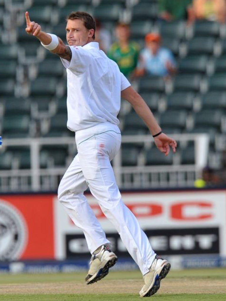 Dale Steyn celebrates taking one of his four Australian wickets
yesterday