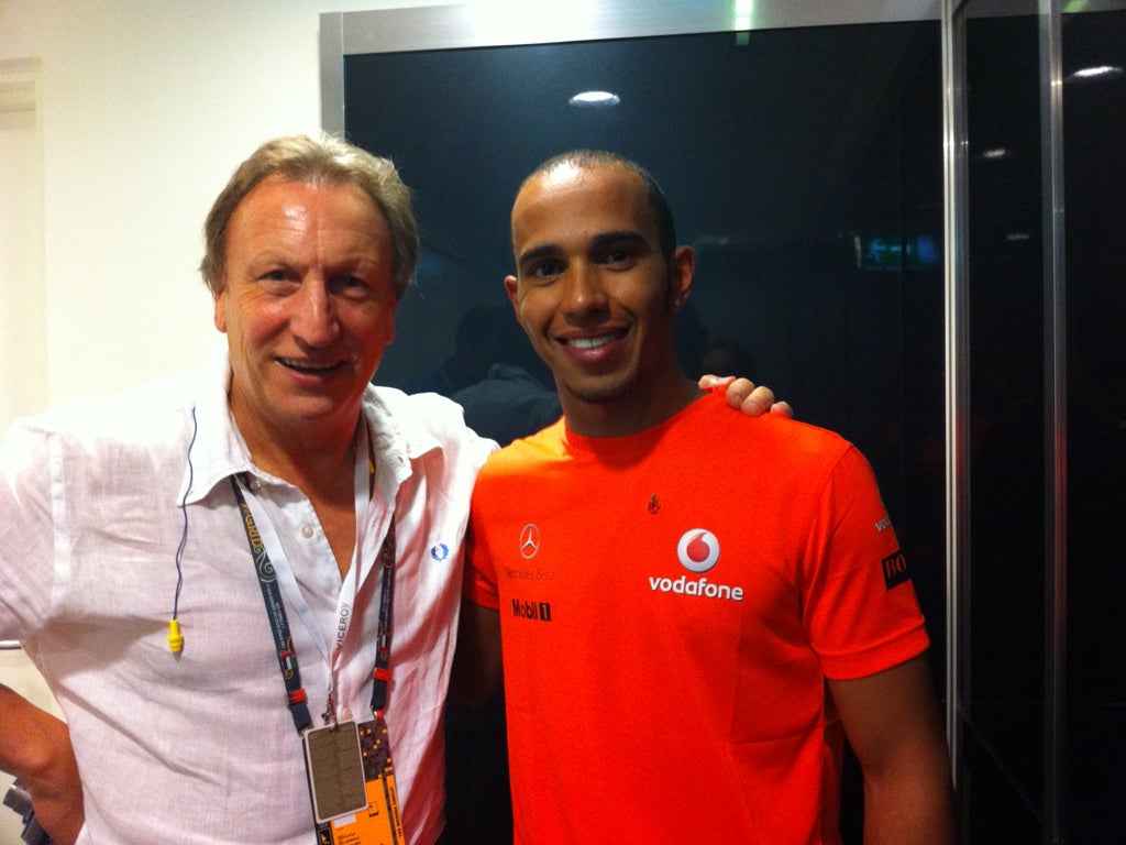 Neil Warnock with winner Lewis Hamilton