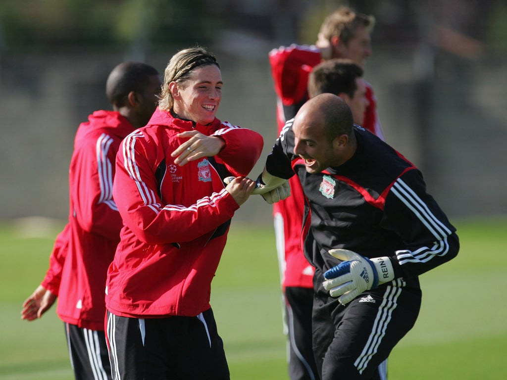Back in 2007 Pepe Reina and Fernando Torres share a joke in
training with Liverpool