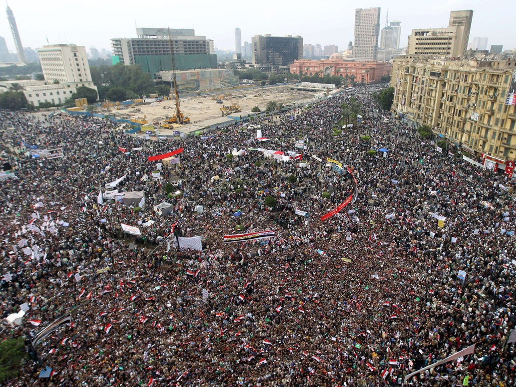 Tens of thousands rally in Tahrir Square yesterday to urge the army to cede power, 10 months after an uprising toppled Hosni Mubarak