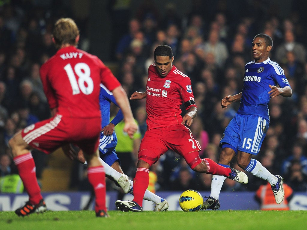 Glen Johnson of Liverpool shoots to score during the Barclays Premier League match